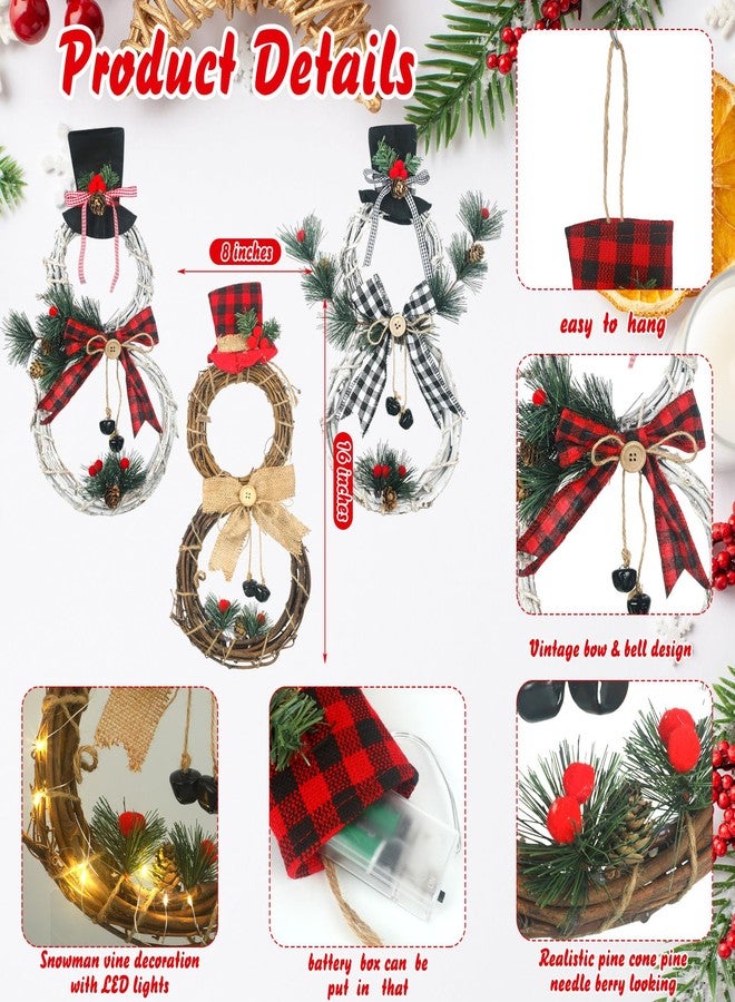 Baquler 3 Pcs Christmas Snowman Lighted Wreath Decoration Rustic Christmas Decor with Hat Bow Red Berries Pine Cone Vine for Xmas Winter Front Door Home Wall Decor, Batteries Not Included(Snowman) - Image 2